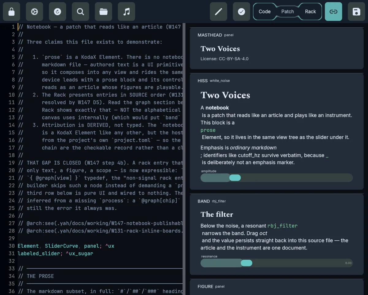 A notebook in the Noise Table app: Koda source on the left, its prose, sliders and patch figure on the right