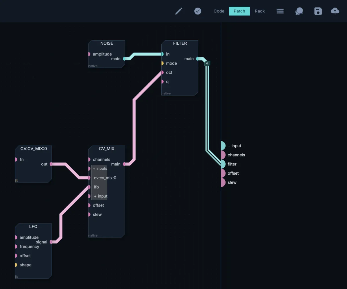 The ocean patch in the patch editor: noise, an LFO and a CV mix wired into a filter and out